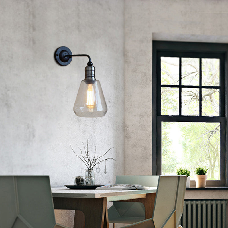 Lisslune | Rustic Style Tapered Shade Wall Lighting Fixture Single Gloss Clear Glass Wall Lamp in Black for Kitchen