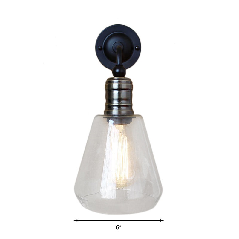 Lisslune | Rustic Style Tapered Shade Wall Lighting Fixture Single Gloss Clear Glass Wall Lamp in Black for Kitchen