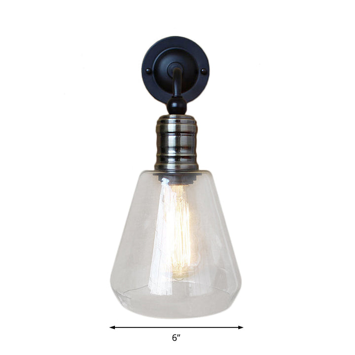 Lisslune | Rustic Style Tapered Shade Wall Lighting Fixture Single Gloss Clear Glass Wall Lamp in Black for Kitchen