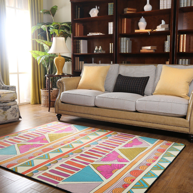 Lisslune | Colorful Geometric Southwest Rug Polyester Carpet with Flowers Non-Slip Backing Power Loom Indoor Rug