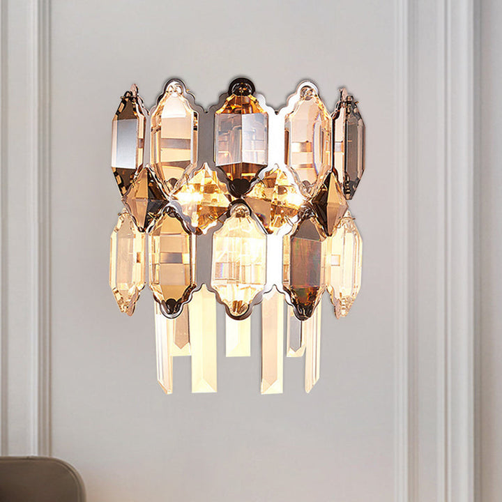 Lisslune | Dual-Tiered Wall Light Modern Clear Crystal 2-Bulb Surface Wall Light in Silver for Staircase