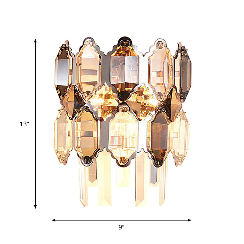 Lisslune | Dual-Tiered Wall Light Modern Clear Crystal 2-Bulb Surface Wall Light in Silver for Staircase
