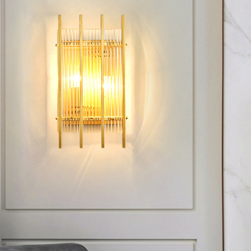 Lisslune | Modern Cylindrical/Rectangular Wall Lighting Clear Crystal Rod 2 Heads Hall Wall Mounted Light Fixture in Gold