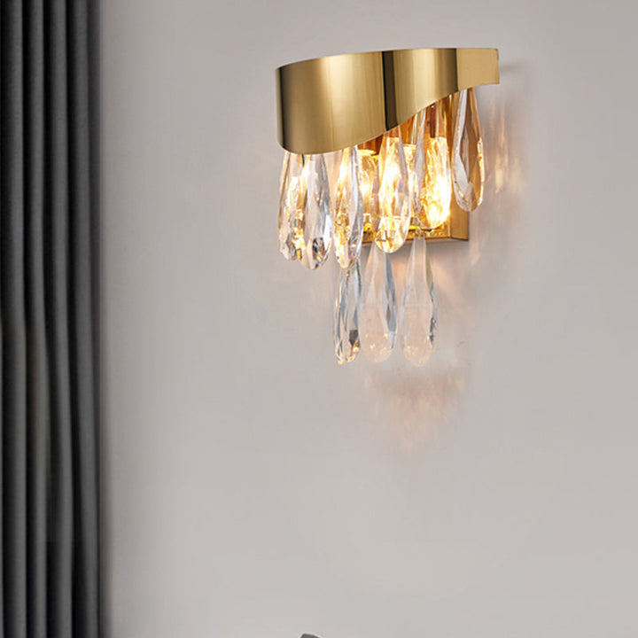Lisslune | Crystal Drop Wall Light Modern 2 Bulbs Surface Wall Sconce in Gold for Indoor Use