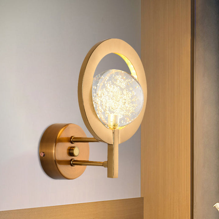 Lisslune | Globe Clear Crystal Wall Lamp Modern Style LED Gold Wall Lamp With Ring Frame