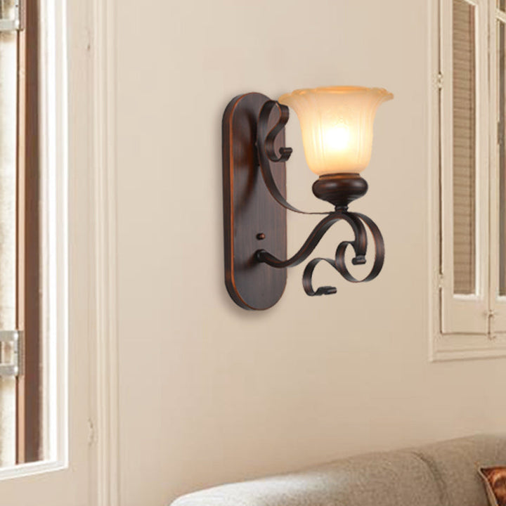 Skørter | Brown Single Bulb Wall Lamp Country Life Frosted Glass Blossom Wall Light with Scroll Arm