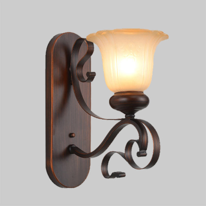 Skørter | Brown Single Bulb Wall Lamp Country Life Frosted Glass Blossom Wall Light with Scroll Arm