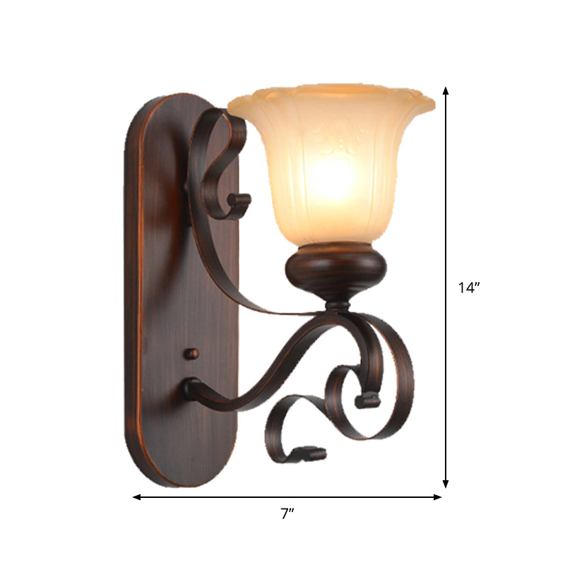 Skørter | Brown Single Bulb Wall Lamp Country Life Frosted Glass Blossom Wall Light with Scroll Arm