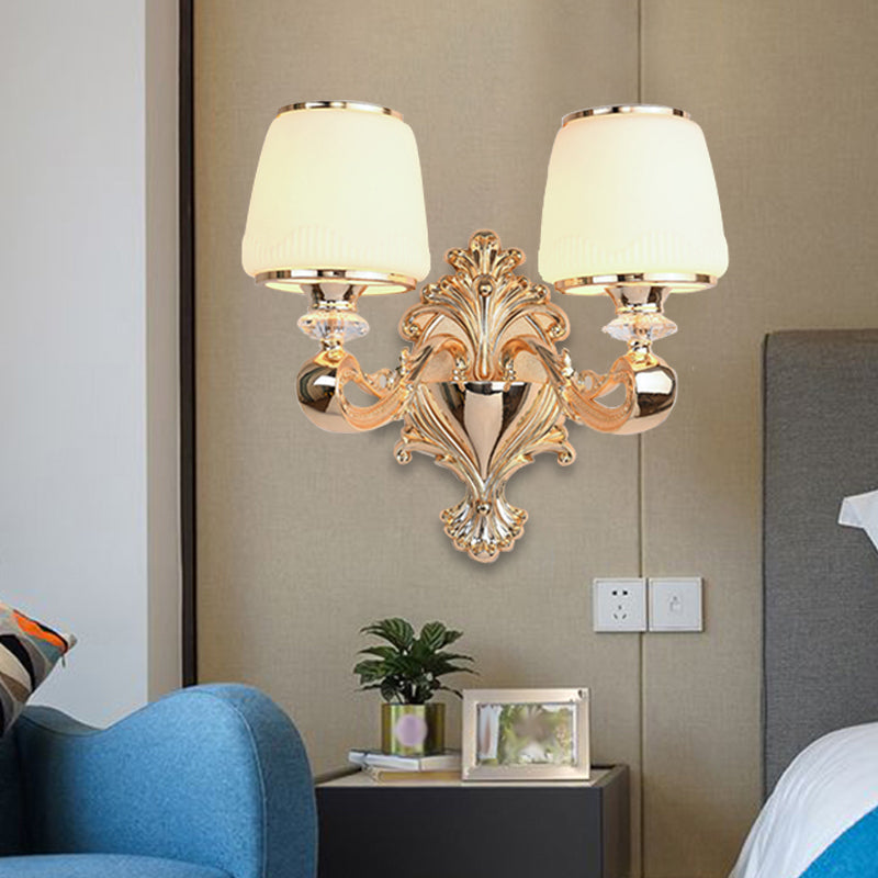 Skørter | Barrel Opal Glass Wall Lamp Classic 1/2-Light Living Room Wall Lighting Fixture with Curved Arm in Brass