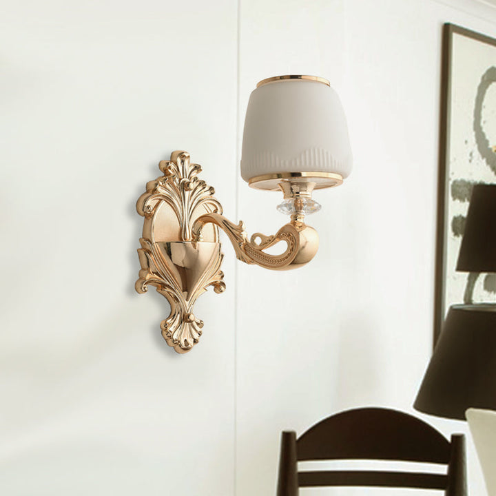 Skørter | Barrel Opal Glass Wall Lamp Classic 1/2-Light Living Room Wall Lighting Fixture with Curved Arm in Brass