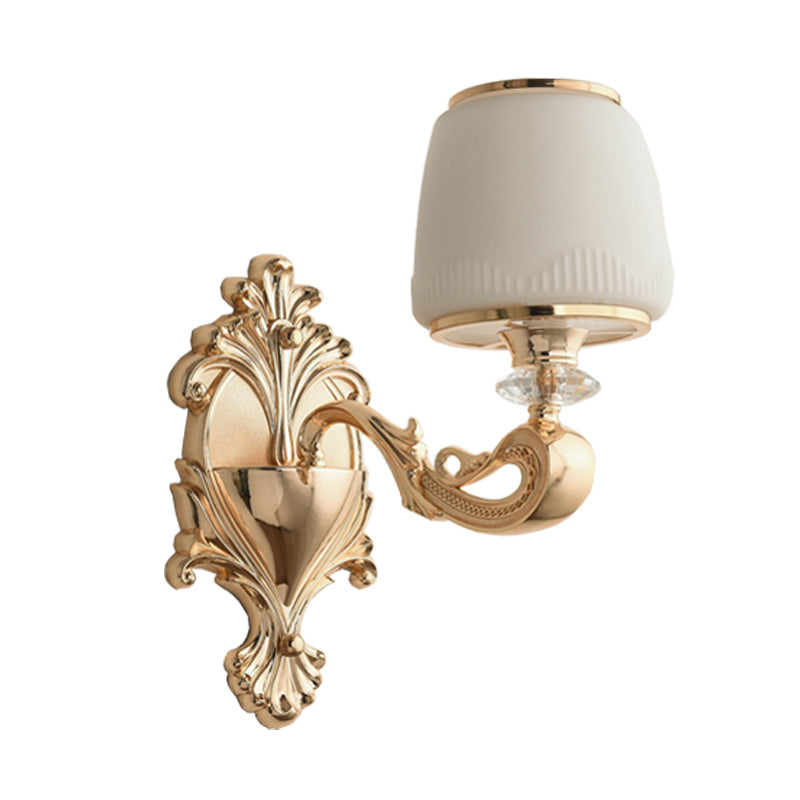 Skørter | Barrel Opal Glass Wall Lamp Classic 1/2-Light Living Room Wall Lighting Fixture with Curved Arm in Brass