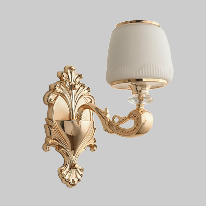 Skørter | Barrel Opal Glass Wall Lamp Classic 1/2-Light Living Room Wall Lighting Fixture with Curved Arm in Brass