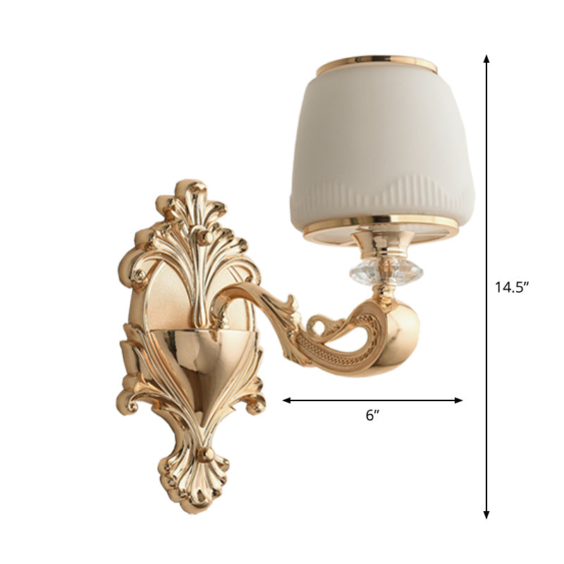 Skørter | Barrel Opal Glass Wall Lamp Classic 1/2-Light Living Room Wall Lighting Fixture with Curved Arm in Brass