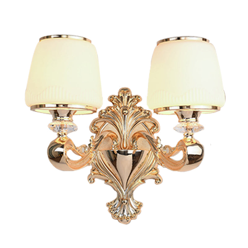 Skørter | Barrel Opal Glass Wall Lamp Classic 1/2-Light Living Room Wall Lighting Fixture with Curved Arm in Brass