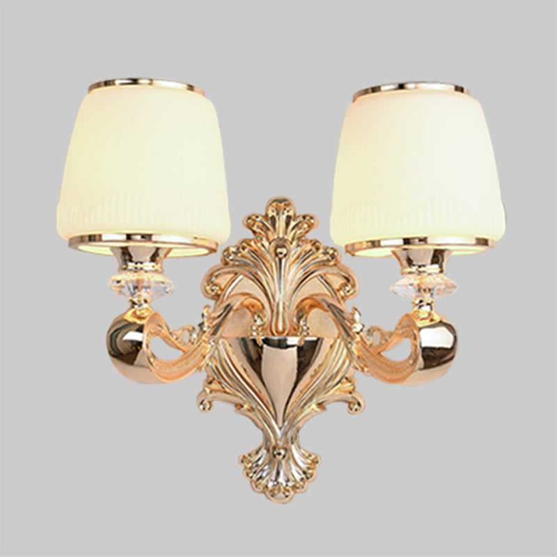Skørter | Barrel Opal Glass Wall Lamp Classic 1/2-Light Living Room Wall Lighting Fixture with Curved Arm in Brass