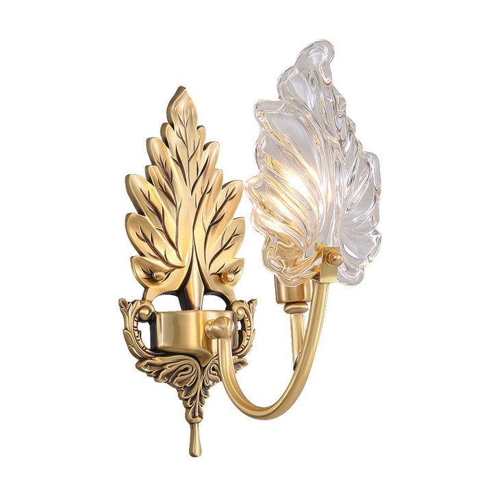 Skørter | Traditional Palm Leaf Wall Light 1/2 Lights Clear Glass Wall Lighting Idea with Curved Arm in Brass