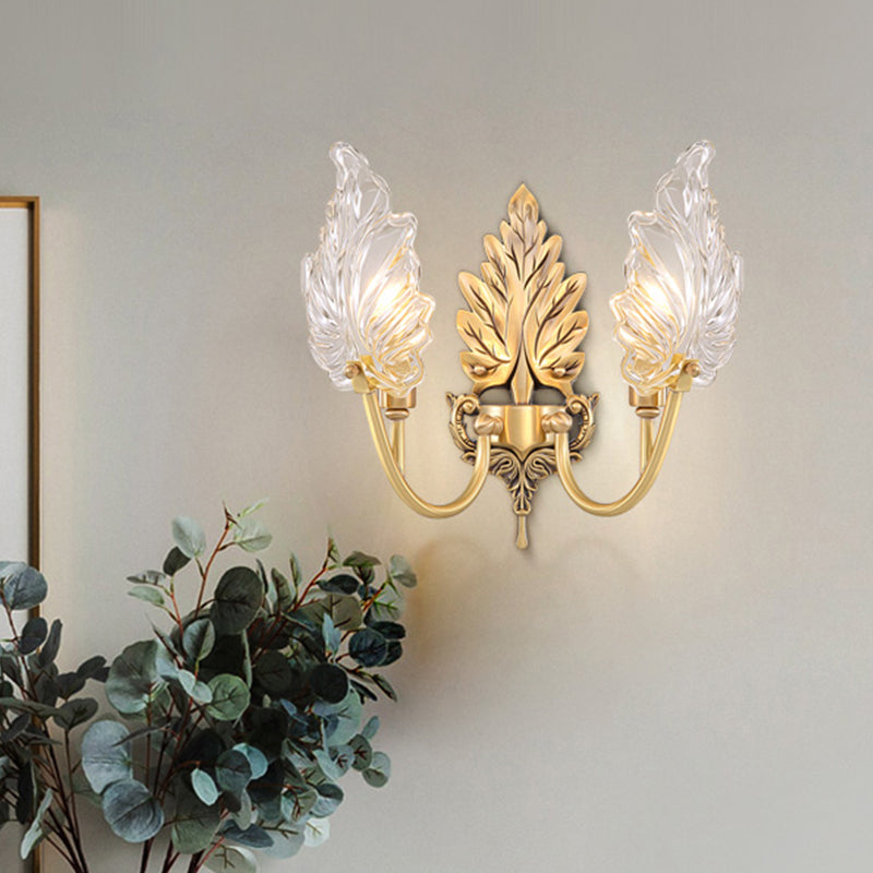 Skørter | Traditional Palm Leaf Wall Light 1/2 Lights Clear Glass Wall Lighting Idea with Curved Arm in Brass