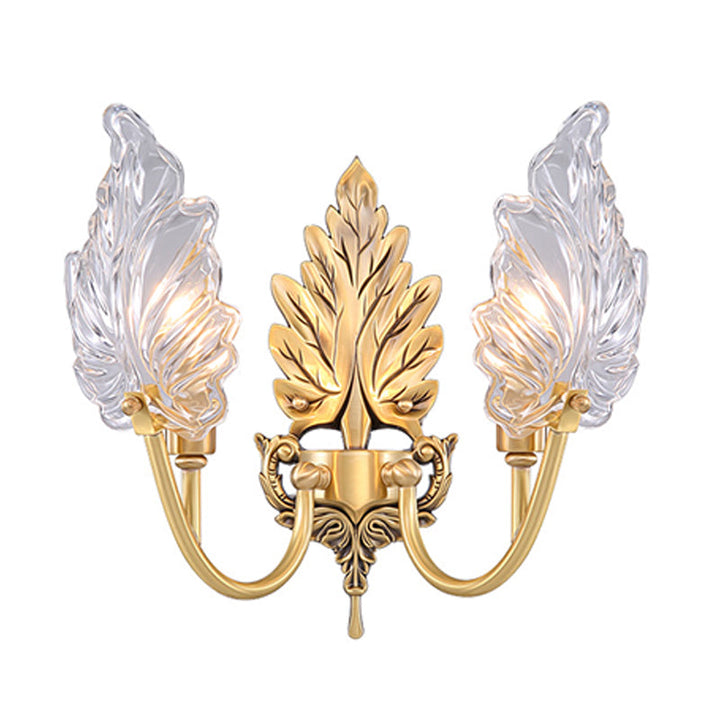 Skørter | Traditional Palm Leaf Wall Light 1/2 Lights Clear Glass Wall Lighting Idea with Curved Arm in Brass