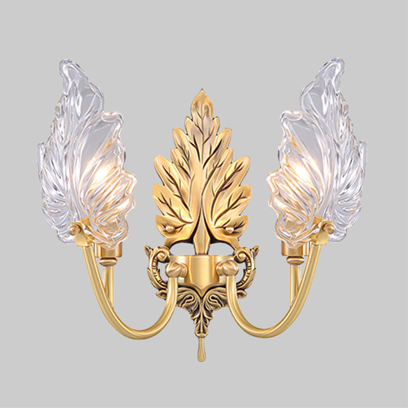 Skørter | Traditional Palm Leaf Wall Light 1/2 Lights Clear Glass Wall Lighting Idea with Curved Arm in Brass