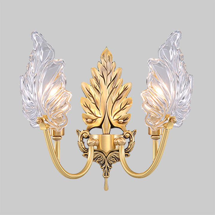Skørter | Traditional Palm Leaf Wall Light 1/2 Lights Clear Glass Wall Lighting Idea with Curved Arm in Brass