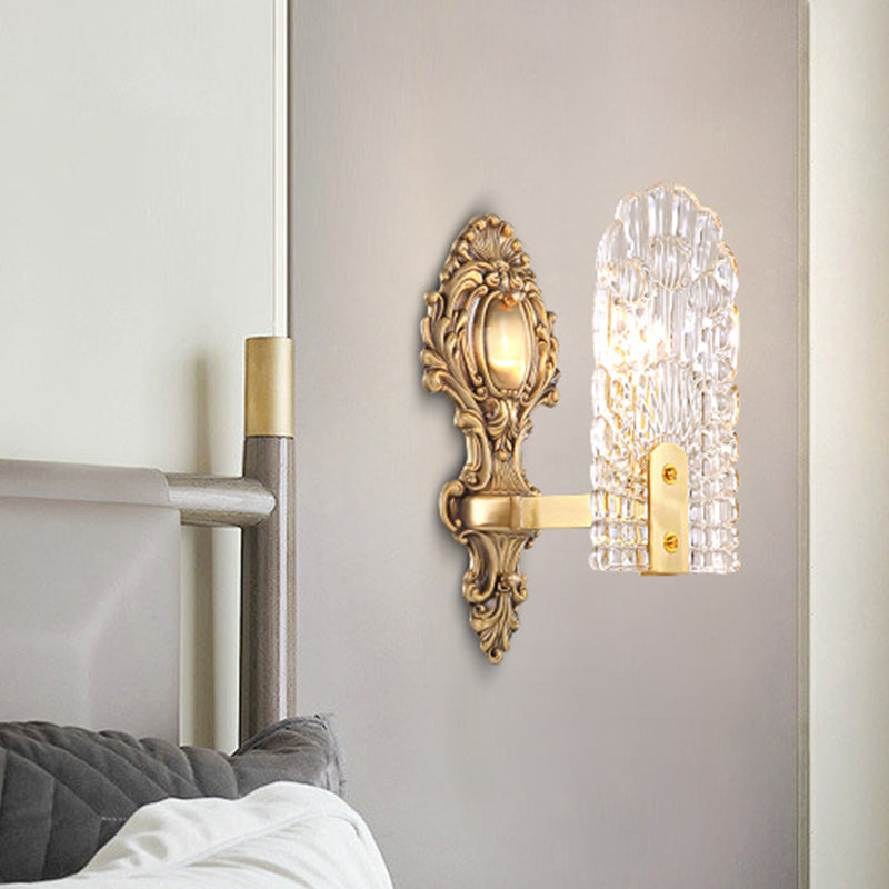 Skørter | Extended Nightstand Wall Lamp Classic Clear Grid Glass 1/2-Bulb Brass Wall Lighting Fixture
