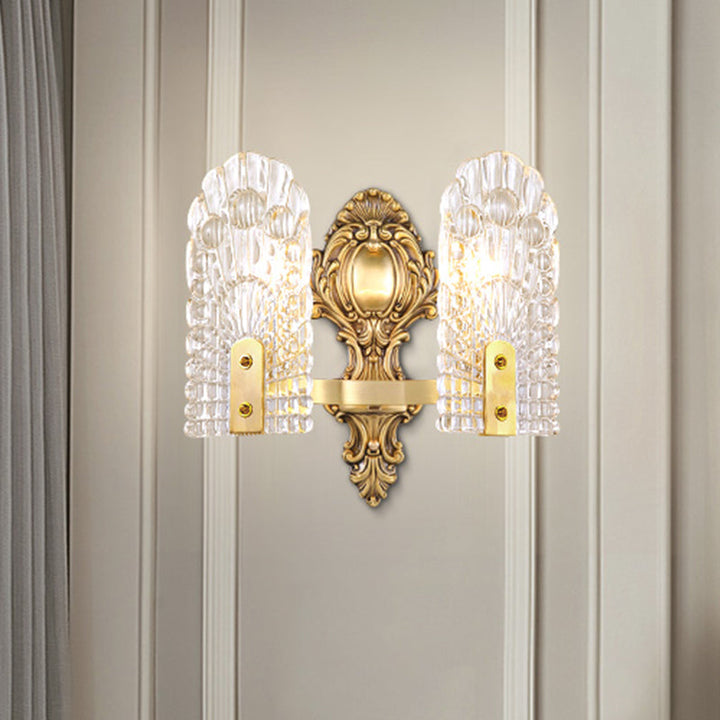 Skørter | Extended Nightstand Wall Lamp Classic Clear Grid Glass 1/2-Bulb Brass Wall Lighting Fixture