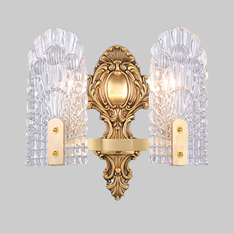Skørter | Extended Nightstand Wall Lamp Classic Clear Grid Glass 1/2-Bulb Brass Wall Lighting Fixture