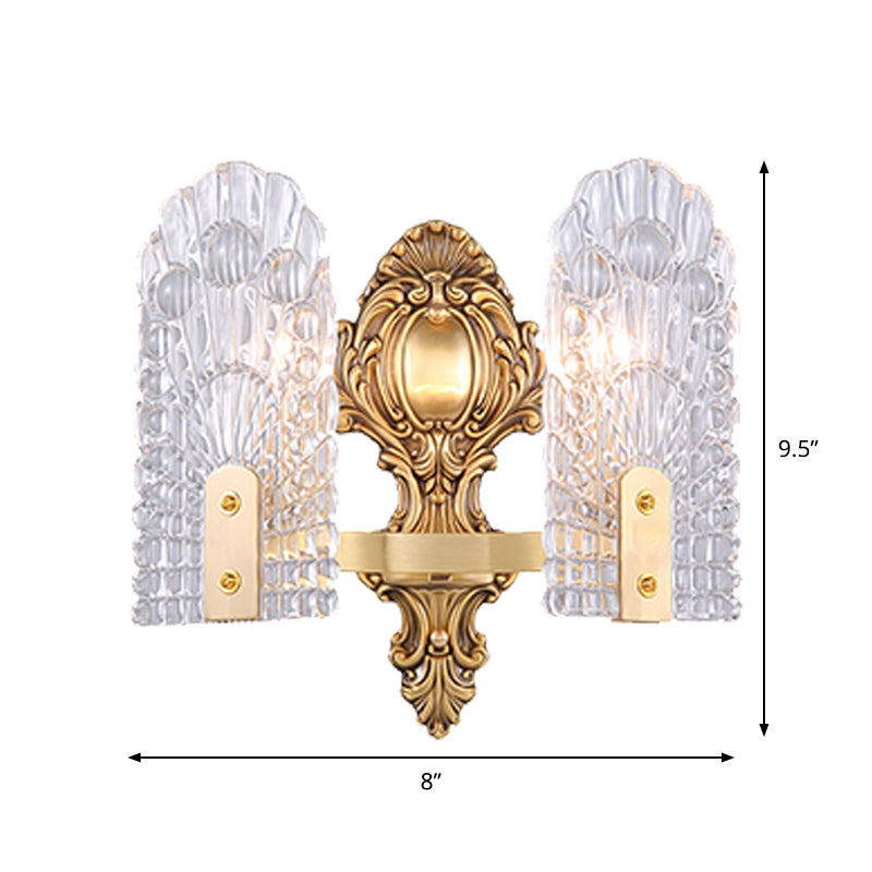 Skørter | Extended Nightstand Wall Lamp Classic Clear Grid Glass 1/2-Bulb Brass Wall Lighting Fixture