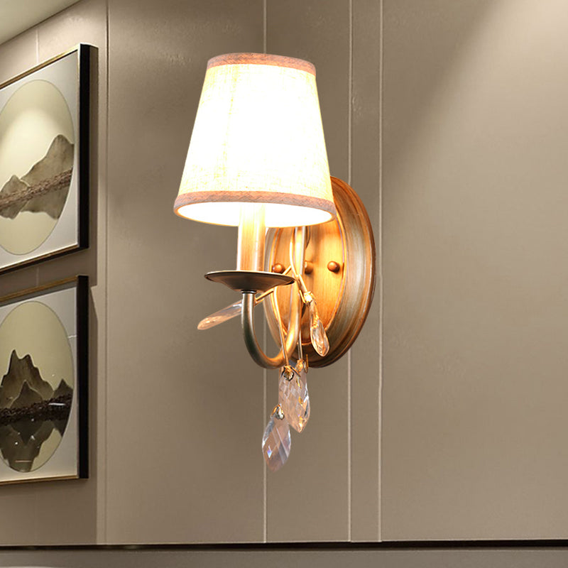 Lisslune | Gold Cone Wall-Mounted Lighting Contemporary Fabric Shade 1/2-Bulb Wall Light with Crystal Pendant