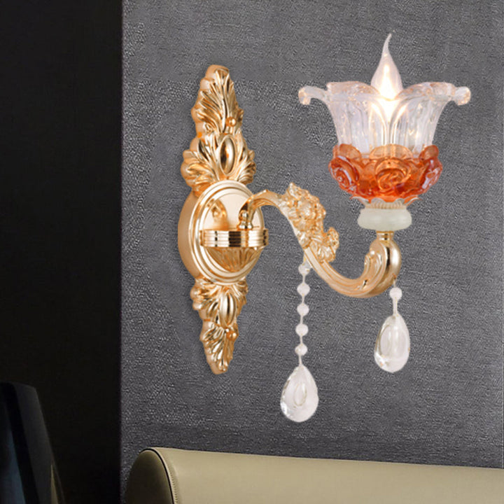 Lisslune | 1/2-Light Blossom Wall Mount Lamp Modern Style Clear Crystal Wall Lighting in Gold for Staircase