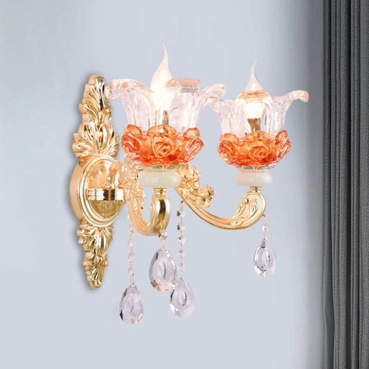 Lisslune | 1/2-Light Blossom Wall Mount Lamp Modern Style Clear Crystal Wall Lighting in Gold for Staircase