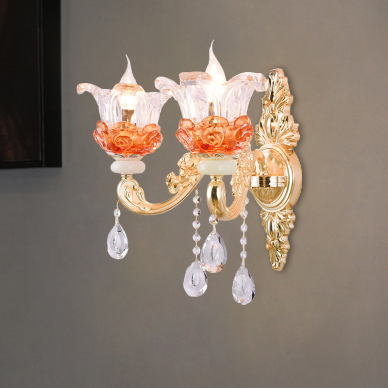 Lisslune | 1/2-Light Blossom Wall Mount Lamp Modern Style Clear Crystal Wall Lighting in Gold for Staircase