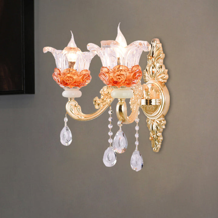 Lisslune | 1/2-Light Blossom Wall Mount Lamp Modern Style Clear Crystal Wall Lighting in Gold for Staircase