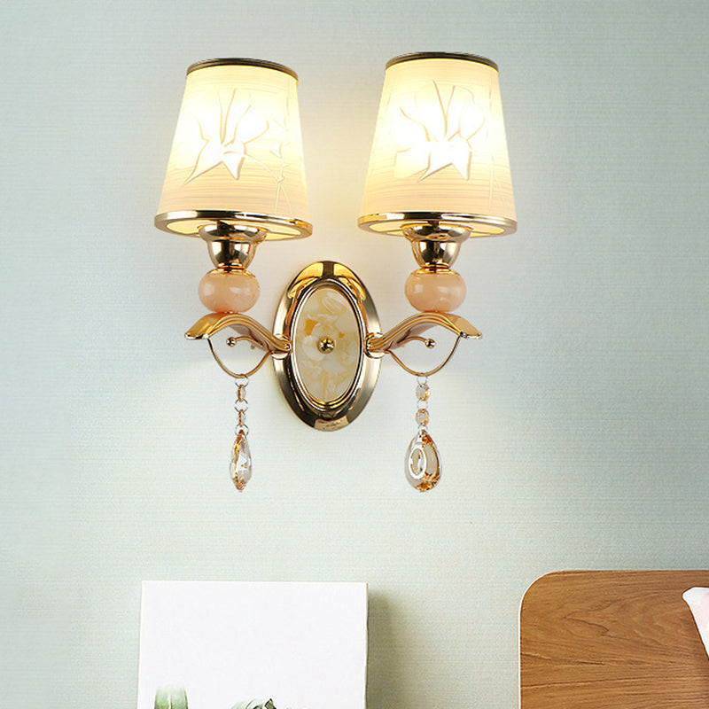 Lisslune | Amber Glass Tapered Wall-mounted Light Modern 1/2-Head Wall Light in Gold with Crystal Drops