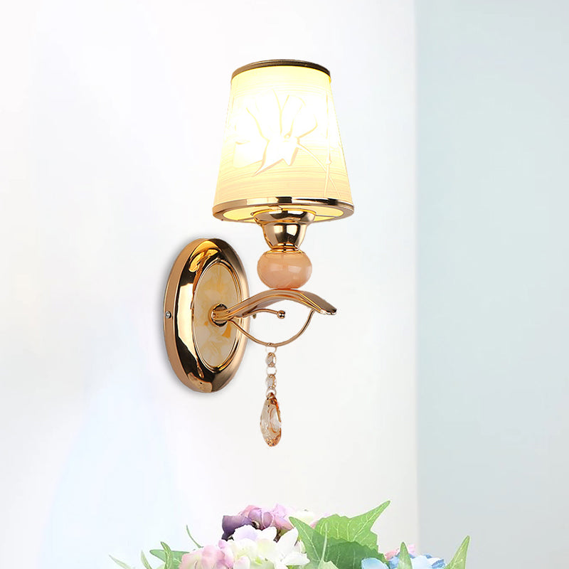 Lisslune | Amber Glass Tapered Wall-mounted Light Modern 1/2-Head Wall Light in Gold with Crystal Drops