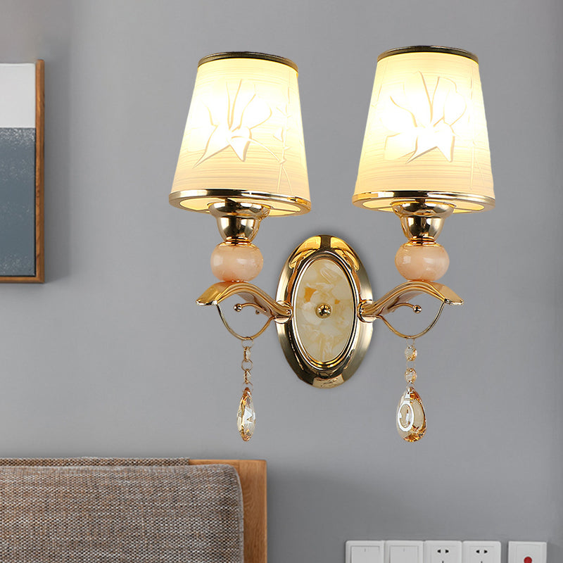Lisslune | Amber Glass Tapered Wall-mounted Light Modern 1/2-Head Wall Light in Gold with Crystal Drops