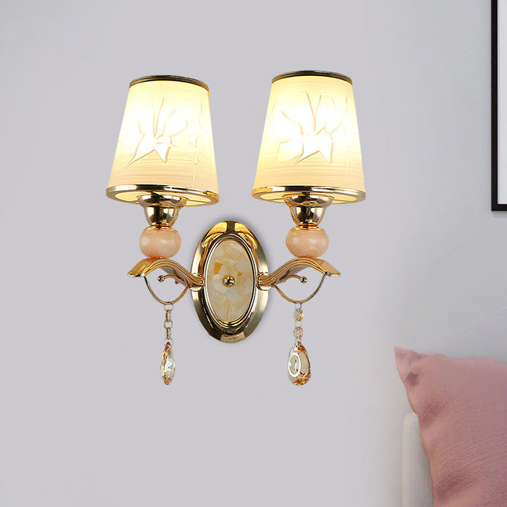 Lisslune | Amber Glass Tapered Wall-mounted Light Modern 1/2-Head Wall Light in Gold with Crystal Drops