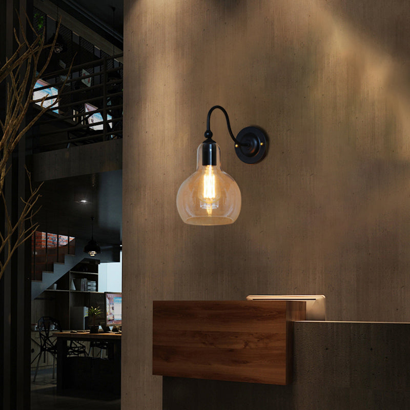 Lisslune | One Pear Wall Light with Pumpkin Shade Clear Glass Industrial Corridor Wall Lamp in Black
