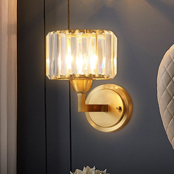Lisslune | Cylindrical Crystal Prism Wall Lamp Postmodern 1 Bulb Nightstand Wall Light Fixture in Brass