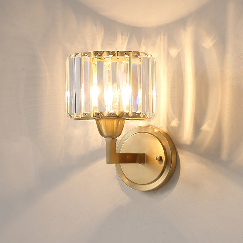 Lisslune | Cylindrical Crystal Prism Wall Lamp Postmodern 1 Bulb Nightstand Wall Light Fixture in Brass