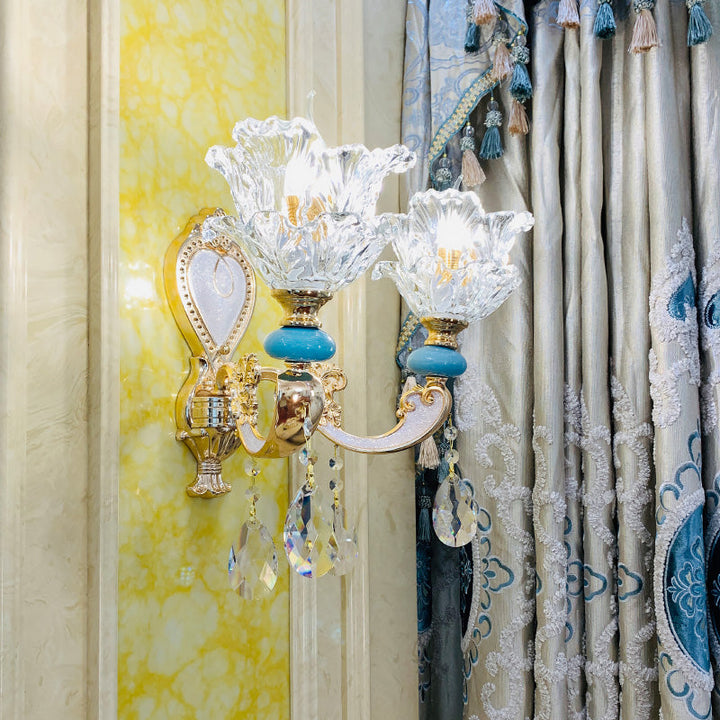 Skørter | Traditional Low Layered Flower Wall Lighting Kit 1/2-Cup Clear Crystals Wall Light in Gold-Blue