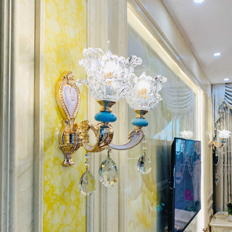 Skørter | Traditional Low Layered Flower Wall Lighting Kit 1/2-Cup Clear Crystals Wall Light in Gold-Blue