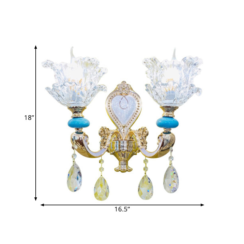 Skørter | Traditional Low Layered Flower Wall Lighting Kit 1/2-Cup Clear Crystals Wall Light in Gold-Blue