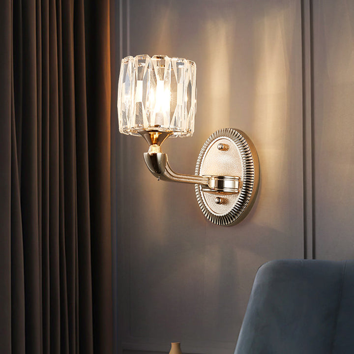 Lisslune | 1/2-head bevel cut crystal wall lamp contemporary gold cylinder living room wall mounted light