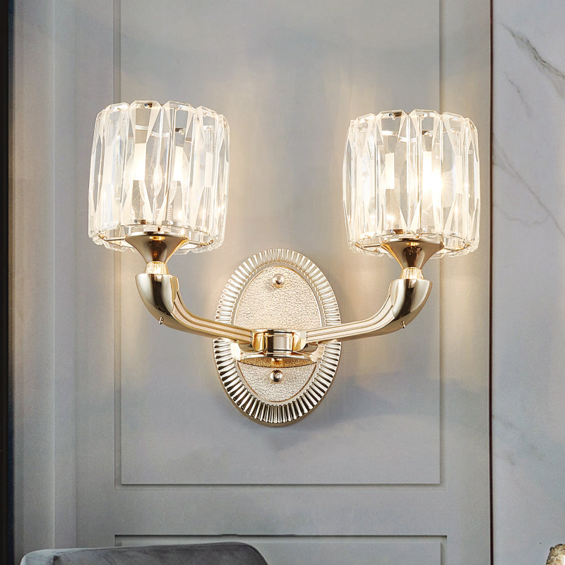 Lisslune | 1/2-head bevel cut crystal wall lamp contemporary gold cylinder living room wall mounted light