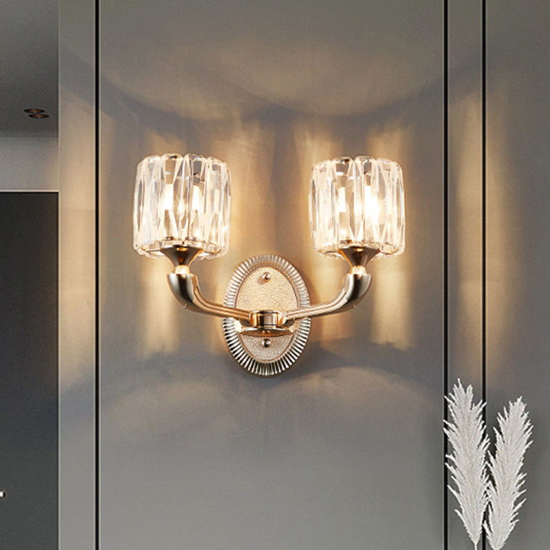 Lisslune | 1/2-head bevel cut crystal wall lamp contemporary gold cylinder living room wall mounted light
