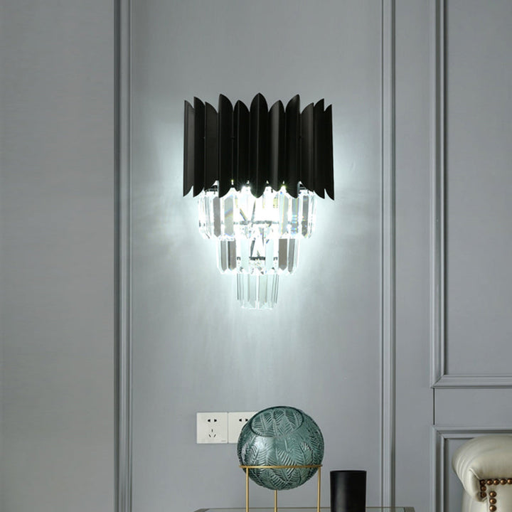 Lisslune | 2 Bulb Cone Wall Mounted Light Modern Black Finish Clear Crystal Prisms Flush Wall Sconces