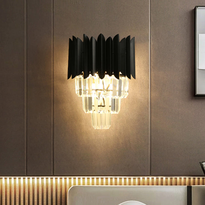 Lisslune | 2 Bulb Cone Wall Mounted Light Modern Black Finish Clear Crystal Prisms Flush Wall Sconces