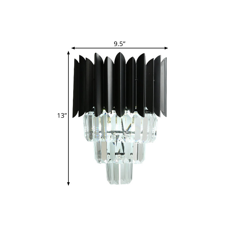 Lisslune | 2 Bulb Cone Wall Mounted Light Modern Black Finish Clear Crystal Prisms Flush Wall Sconces