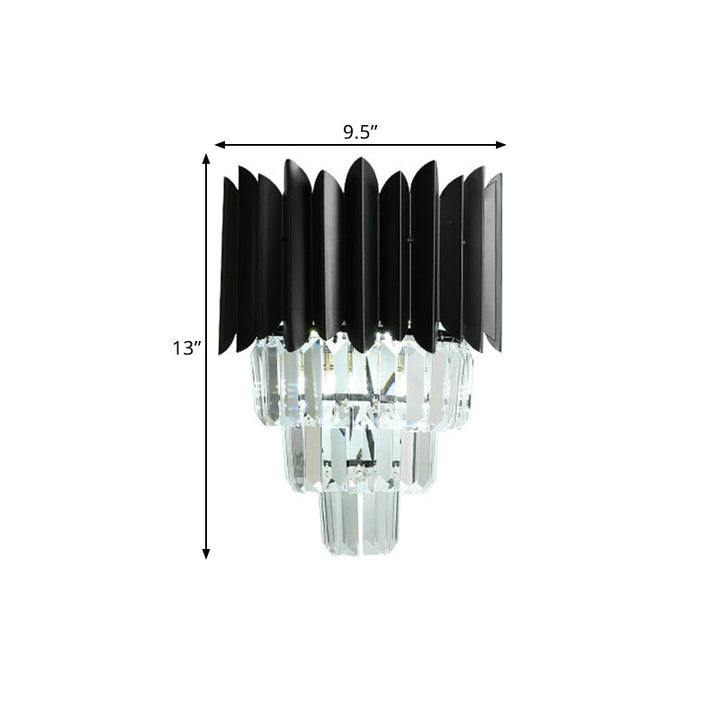 Lisslune | 2 Bulb Cone Wall Mounted Light Modern Black Finish Clear Crystal Prisms Flush Wall Sconces